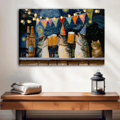 Framed cats drinking beer canvas wall art with colorful bunting and string lights above a cream sofa.