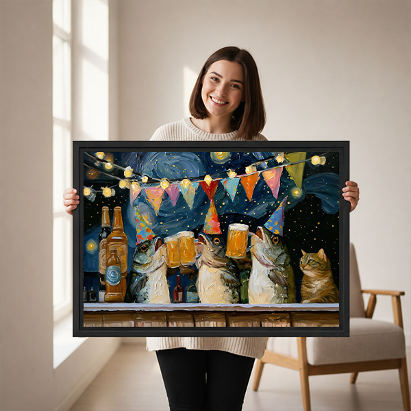 Smiling woman holding black-framed cats drinking beer canvas wall art featuring party hats and golden beer mugs.