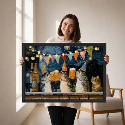 Smiling woman holding black-framed cats drinking beer canvas wall art featuring party hats and golden beer mugs.