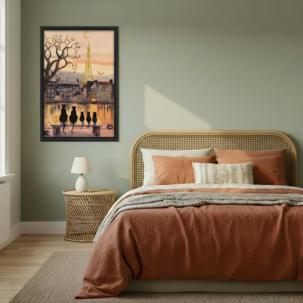 Whimsical black cat Paris wall art in black frame hanging in cozy boho bedroom