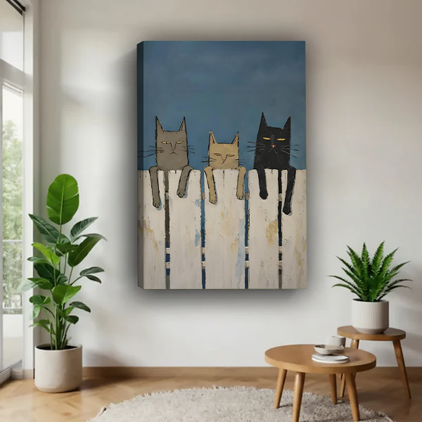 Unframed canvas print of three lazy cats perched on a white fence with deep blue sky background, folk art style pet wall decor