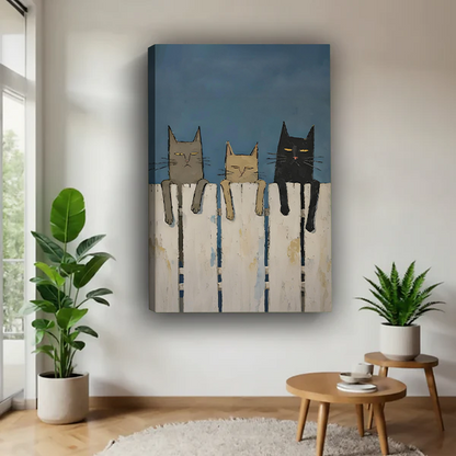 Unframed canvas print of three lazy cats perched on a white fence with deep blue sky background, folk art style pet wall decor