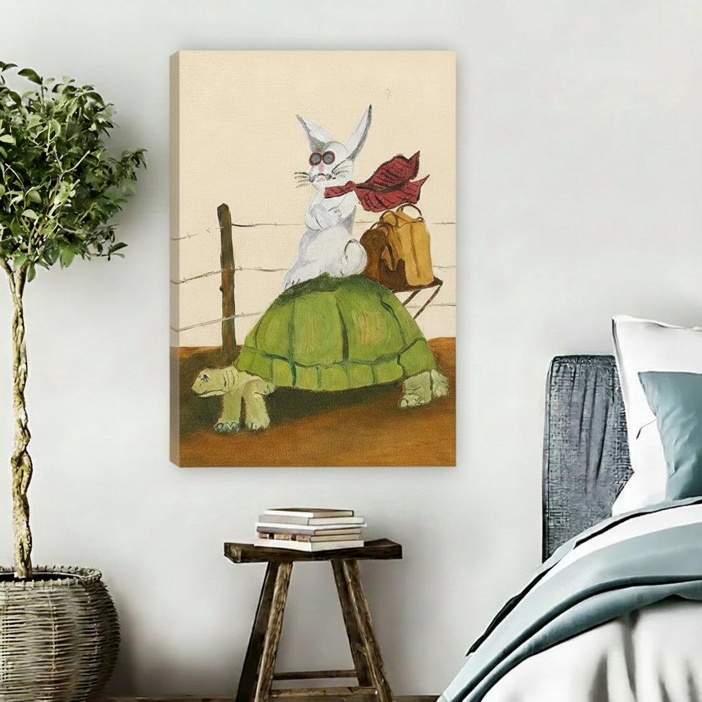 Frameless canvas wall art of a grumpy father cat and curious kitten reading a book together in an armchair, displayed beside a bed in a cozy bohemian bedroom