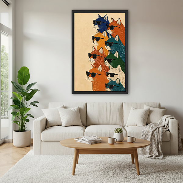 Retro cats in sunglasses canvas wall art in a black frame above a cream living room sofa.