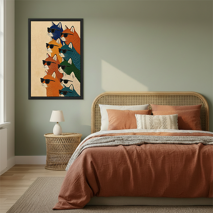 Black-framed cats in sunglasses canvas wall art with colorful retro portraits displayed between green potted plants.