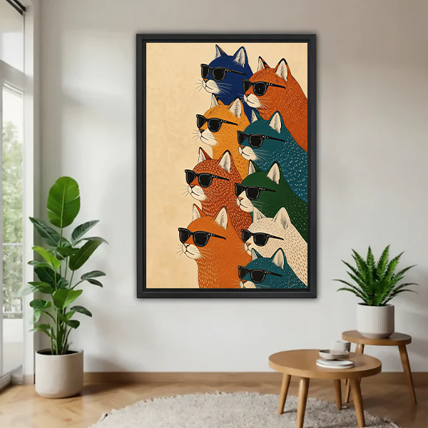 Gallery-wrap cats in sunglasses canvas wall art featuring colorful illustrated cats against a warm cream background.