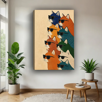 Woman holding black-framed cats in sunglasses canvas wall art with orange, navy and teal cat portraits.