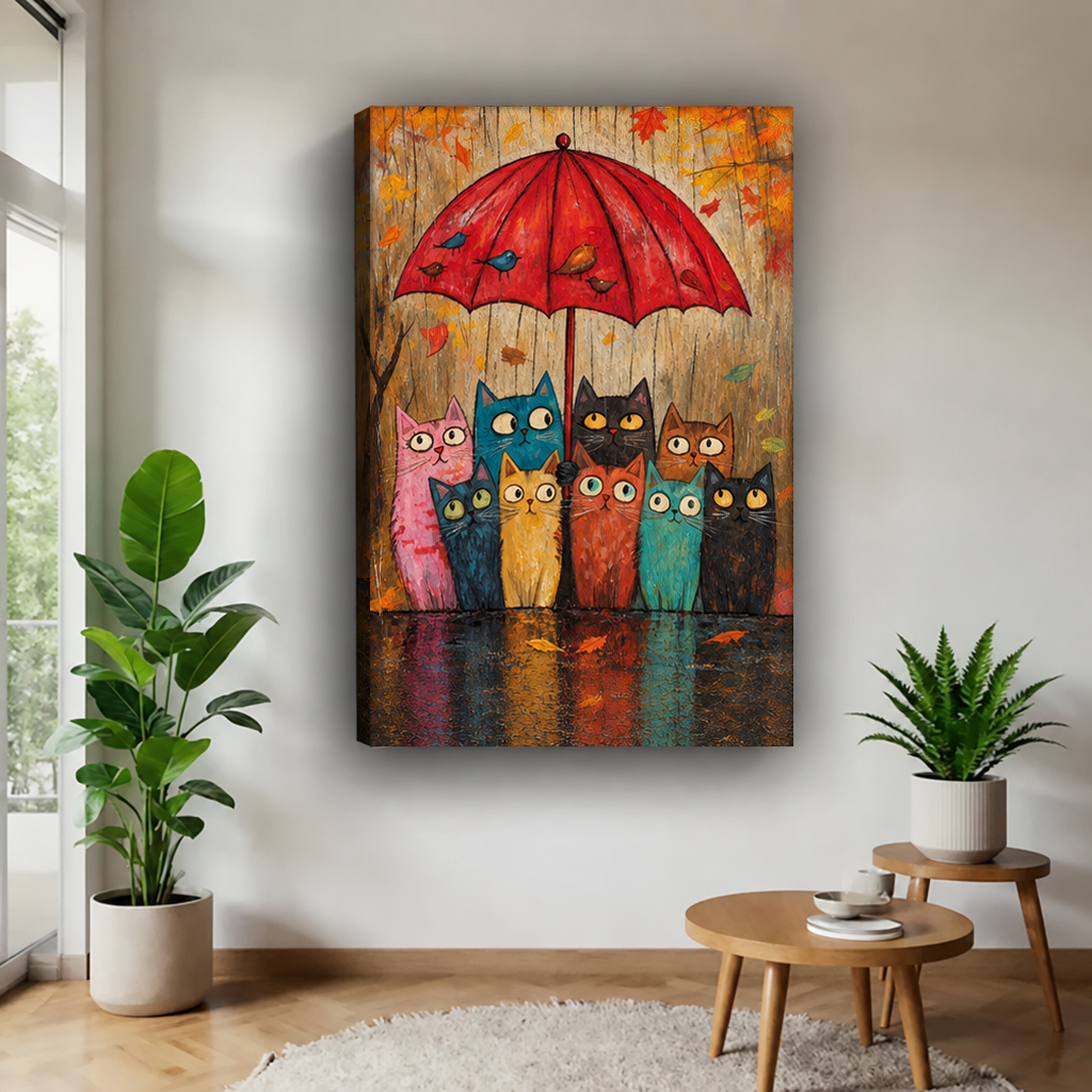 Gallery-wrap cats under red umbrella canvas wall art showing colorful cats and autumn leaves.