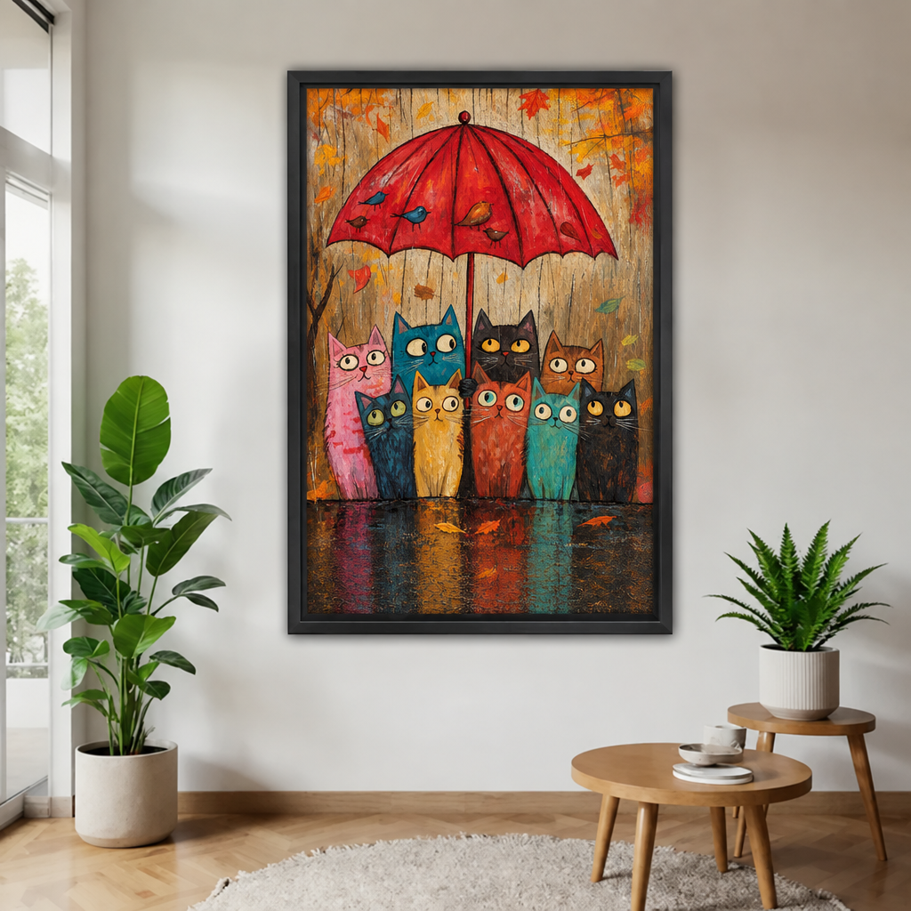 Black-framed cats under red umbrella canvas wall art hanging between plants in a neutral room.