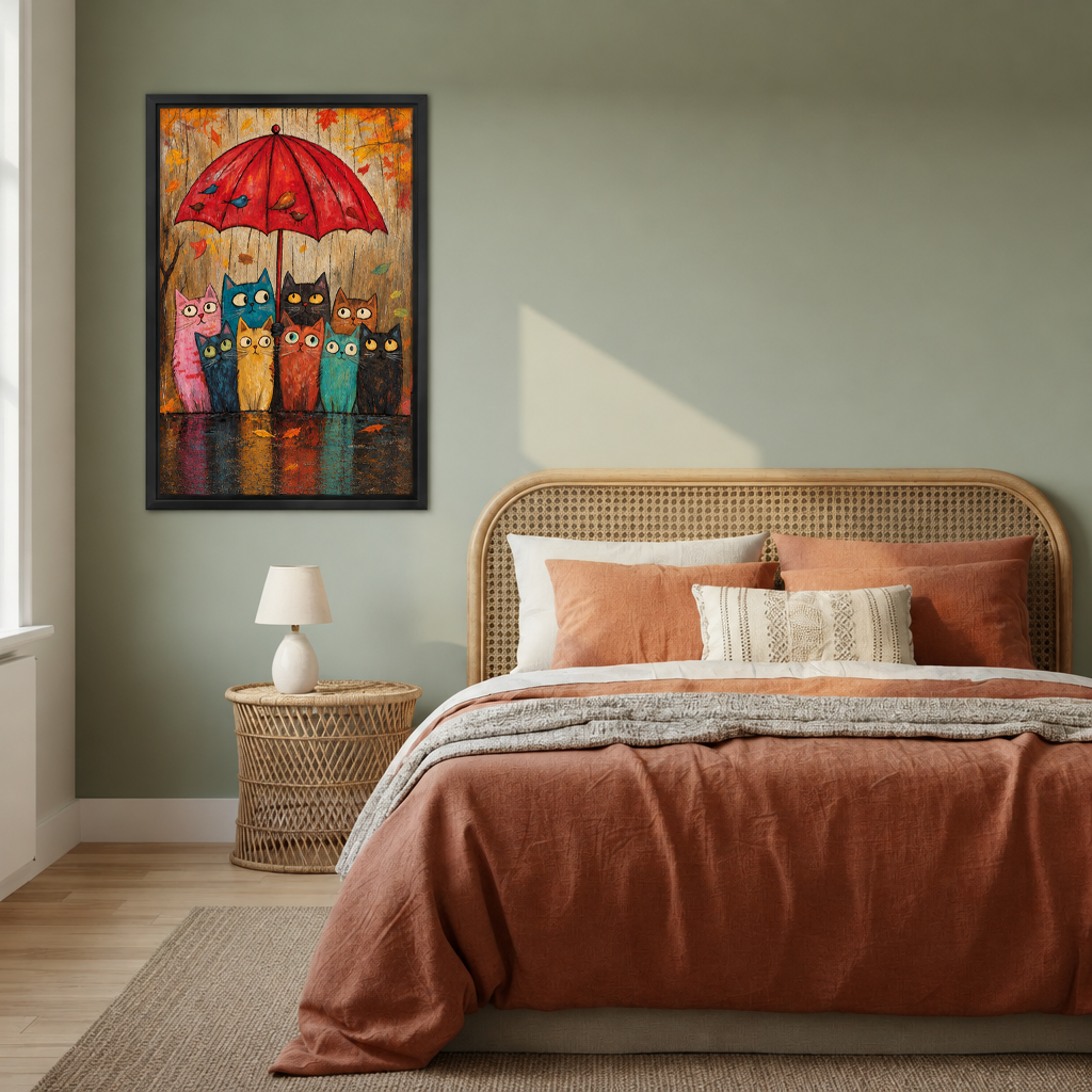 Cats under red umbrella canvas wall art displayed beside a bed with warm-toned bedding.
