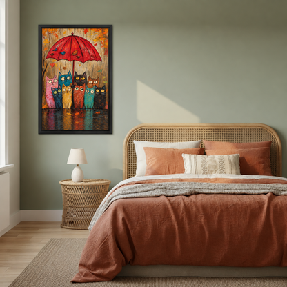 Cats under red umbrella canvas wall art displayed beside a bed with warm-toned bedding.