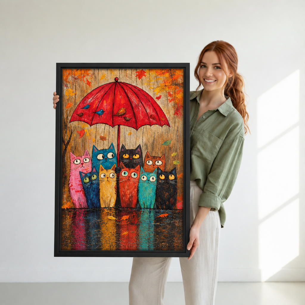 Woman holding framed cats under red umbrella canvas wall art to show its scale.