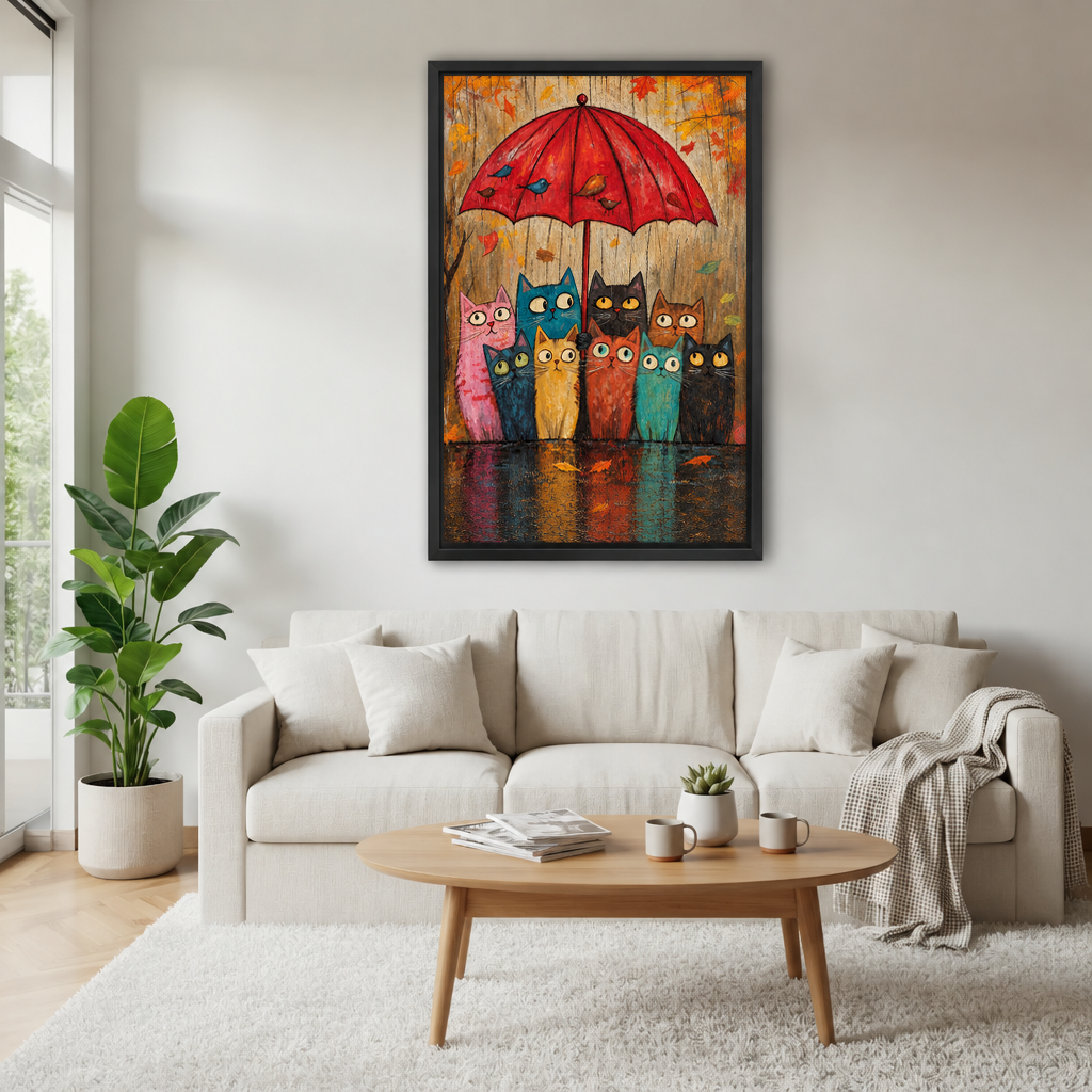 Cats under red umbrella canvas wall art displayed above a white sofa in a bright living room.