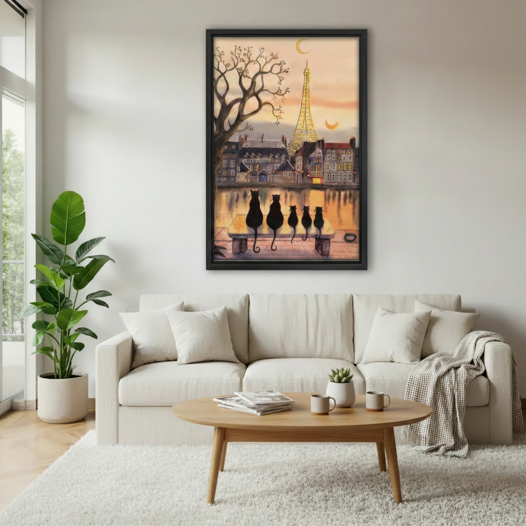 Paris cats framed wall art print displayed in modern living room above white sofa