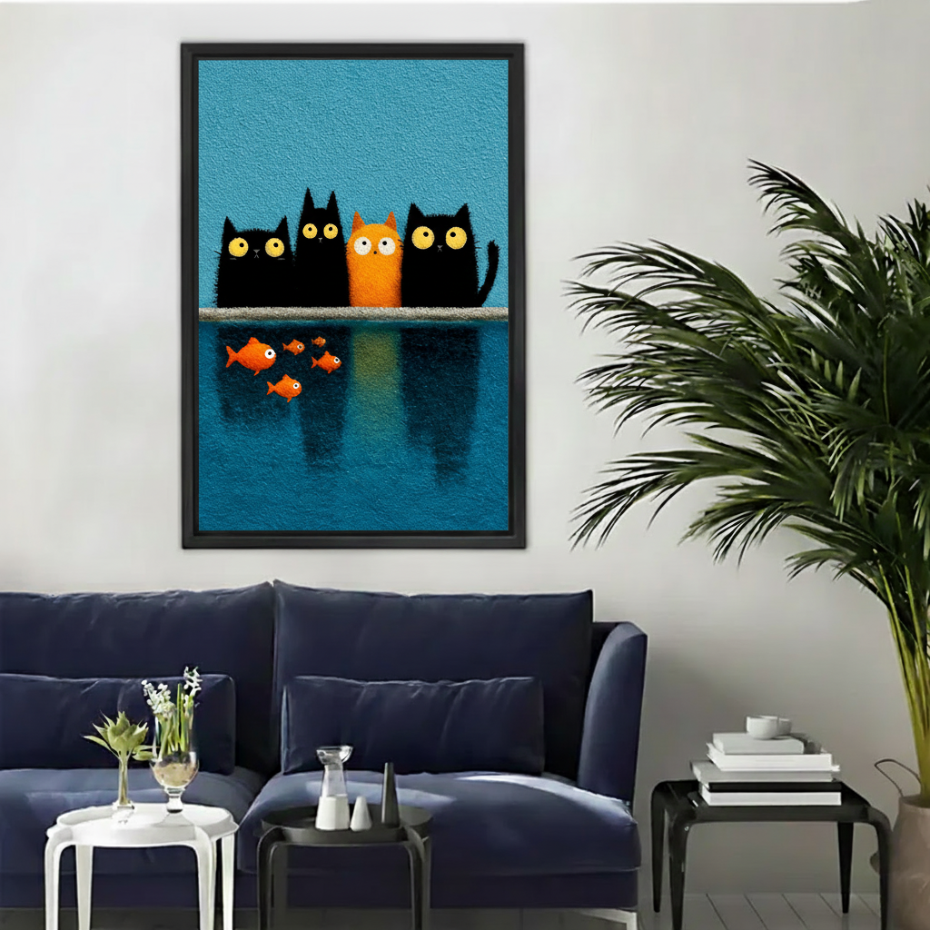 Framed cats watching fish canvas wall art with blue and orange colors above a living room sofa.
