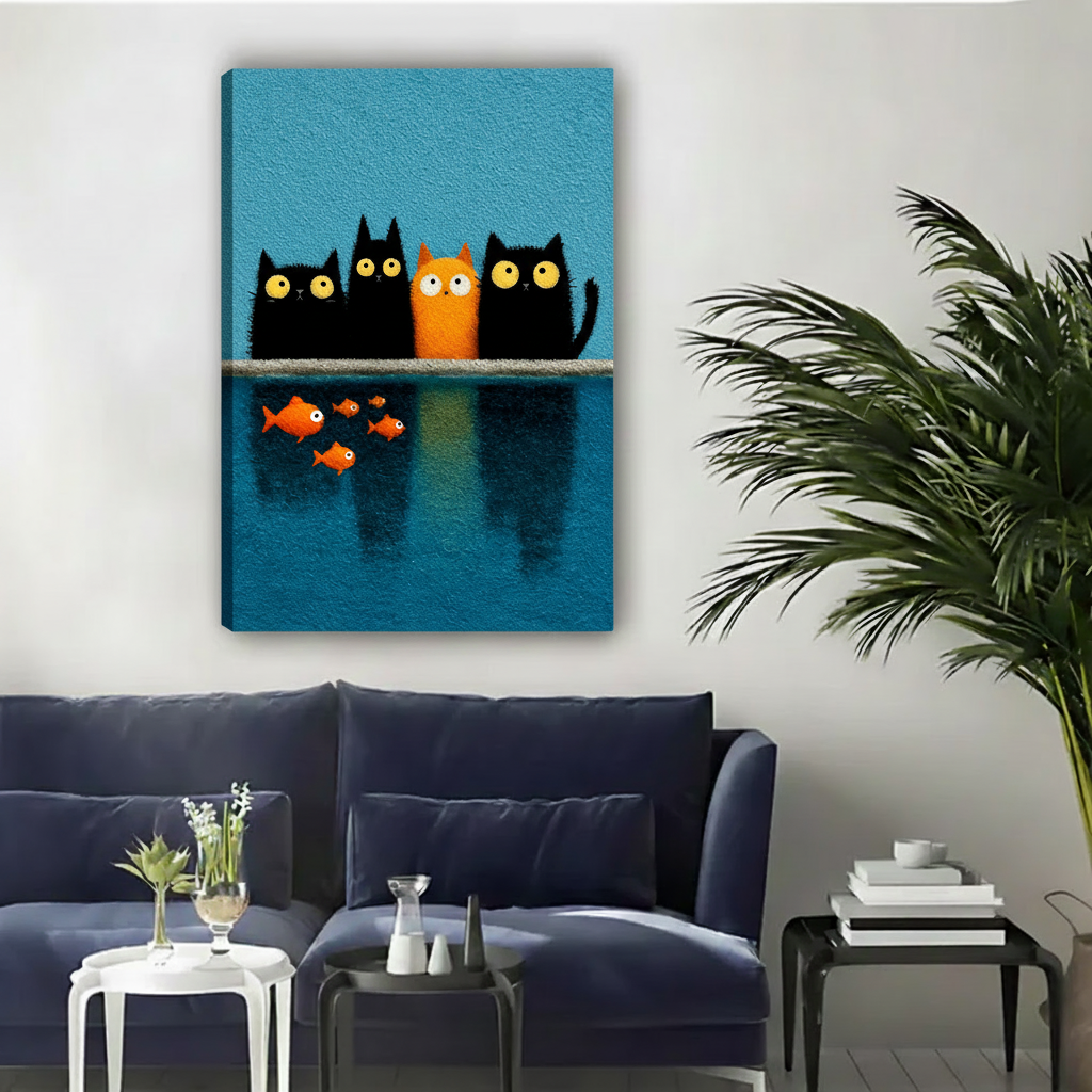 Gallery-wrap cats watching fish canvas wall art displayed above a modern dark blue sofa.