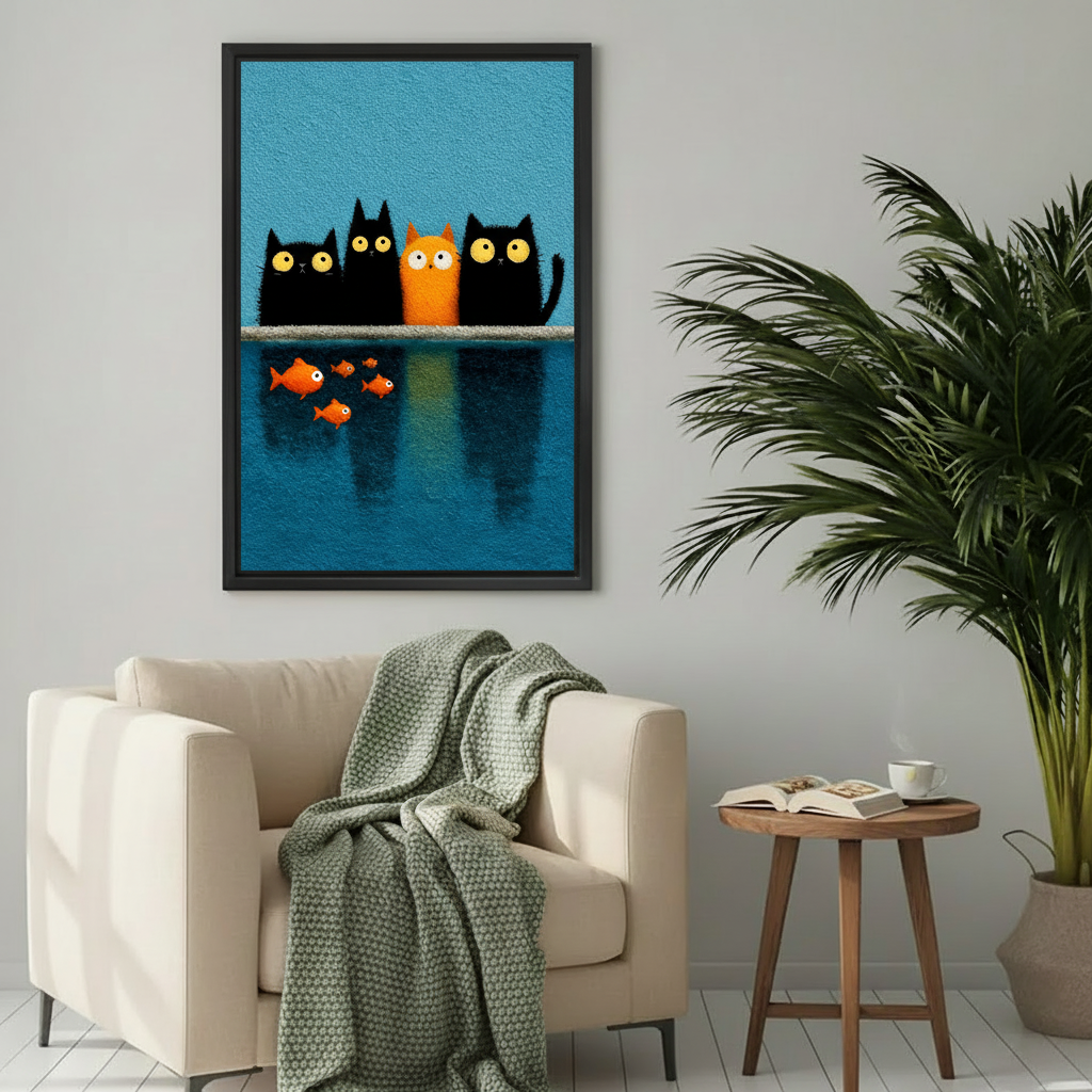  Framed cats watching fish canvas wall art displayed above a cozy cream reading chair.