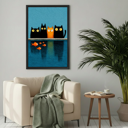  Framed cats watching fish canvas wall art displayed above a cozy cream reading chair.