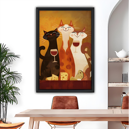 Black-framed cats wine and cheese canvas wall art above a dining table, featuring three smiling cats in warm tones.