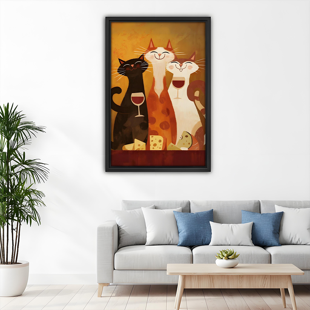 Black-framed whimsical cats wine and cheese canvas wall art beside wooden bunk beds in a bright bedroom.