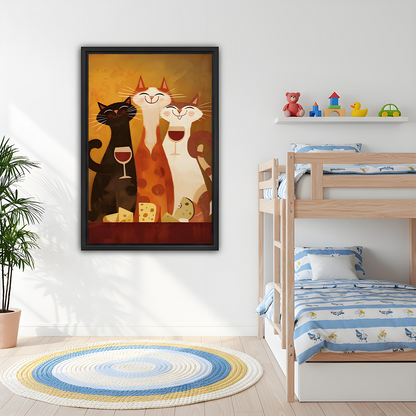 Gallery-wrapped cats wine and cheese canvas wall art above a dining table, showing smiling cats and red wine glasses.