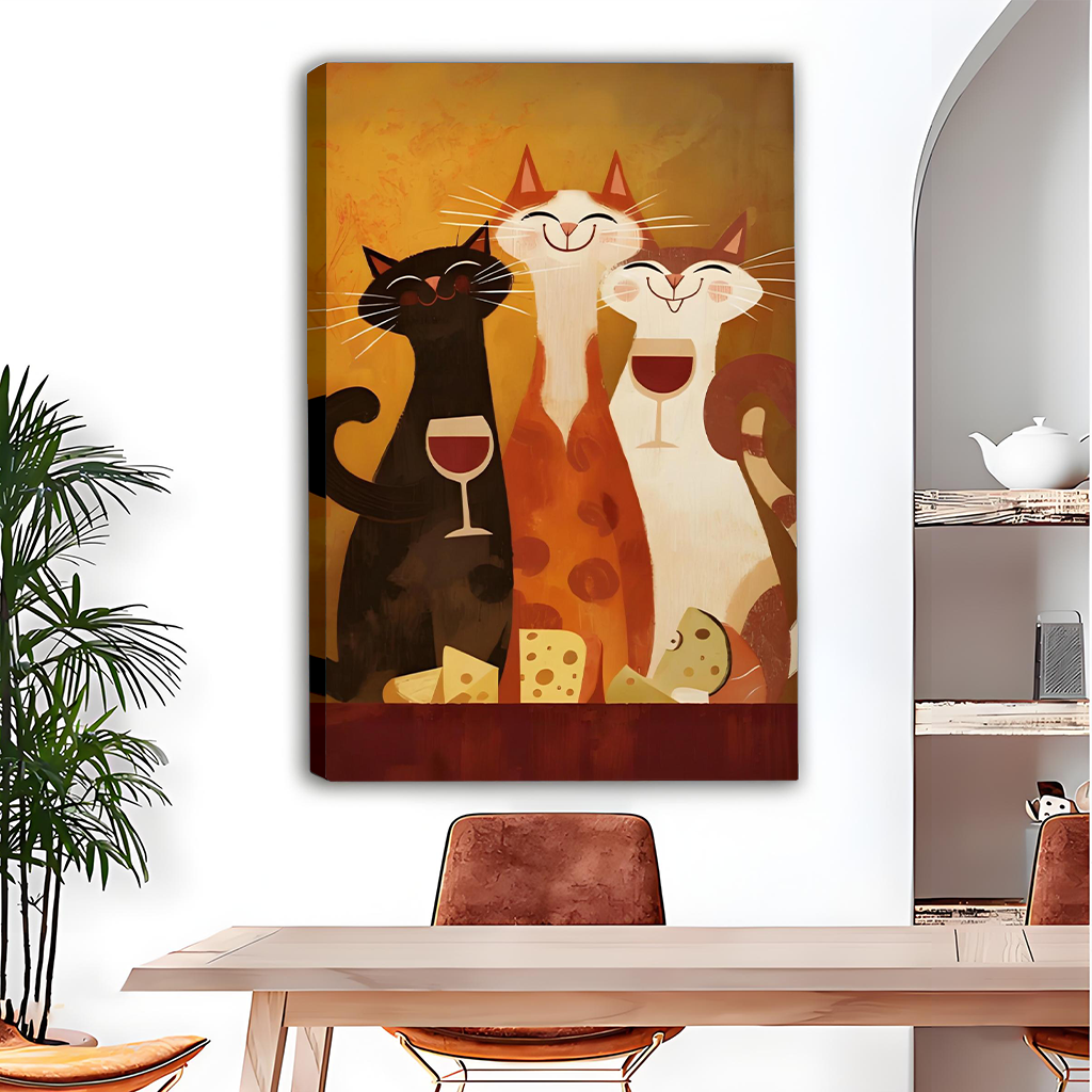 Whimsical cats wine and cheese canvas wall art in a black frame above a gray sofa with blue cushions.