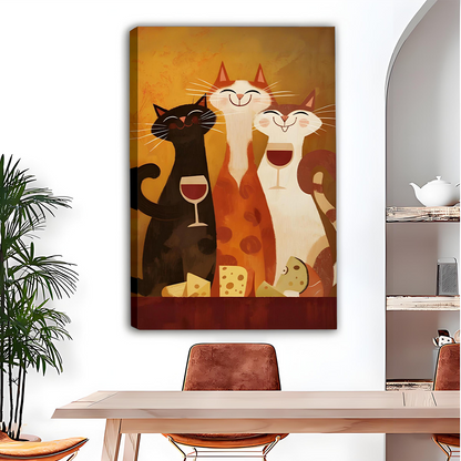 Whimsical cats wine and cheese canvas wall art in a black frame above a gray sofa with blue cushions.