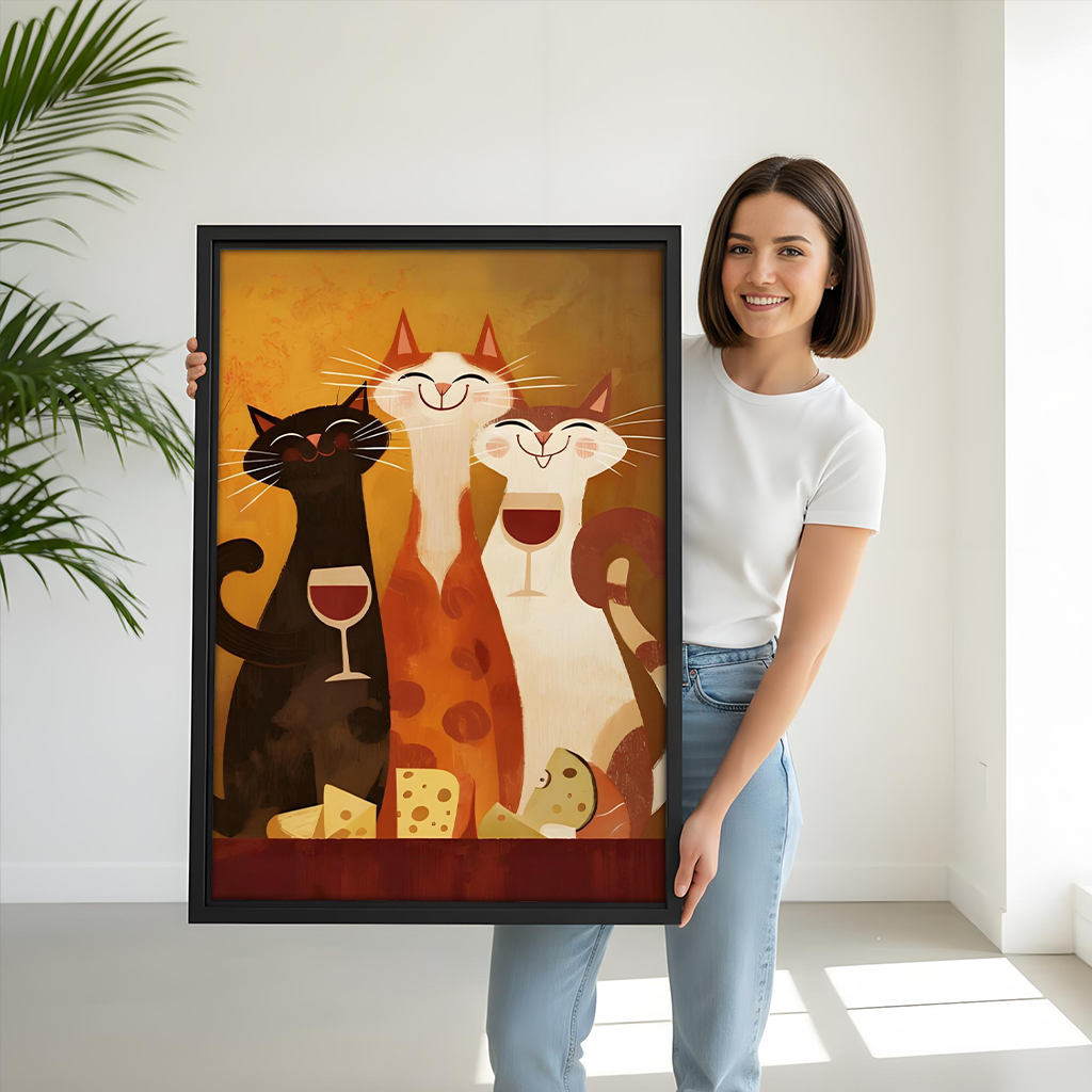 Woman holding black-framed cats wine and cheese canvas wall art with three smiling cats against a golden background.