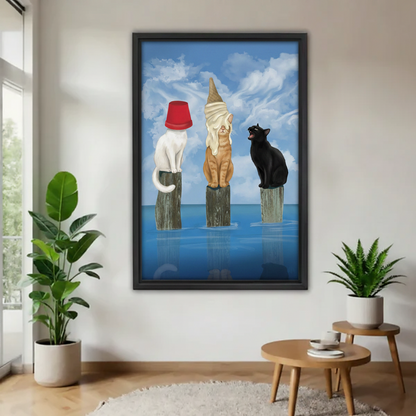 Surreal cats on pier framed canvas wall art in entryway, whimsical funny cat print white cat red hat orange cat black cat blue ocean