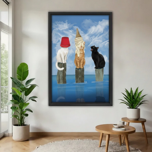 Surreal cats on pier framed canvas wall art in entryway, whimsical funny cat print white cat red hat orange cat black cat blue ocean