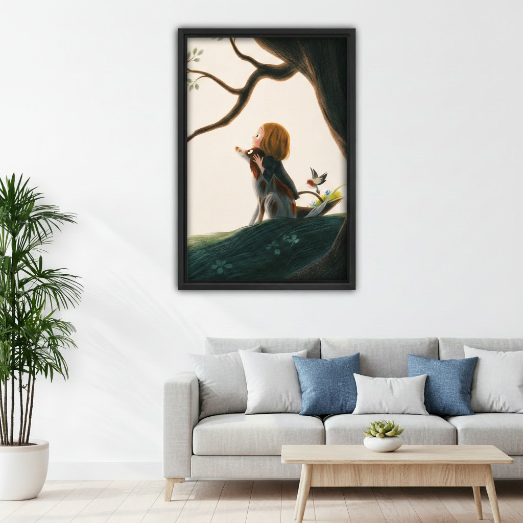 Children's storybook canvas print featuring girl dog and bird under tree