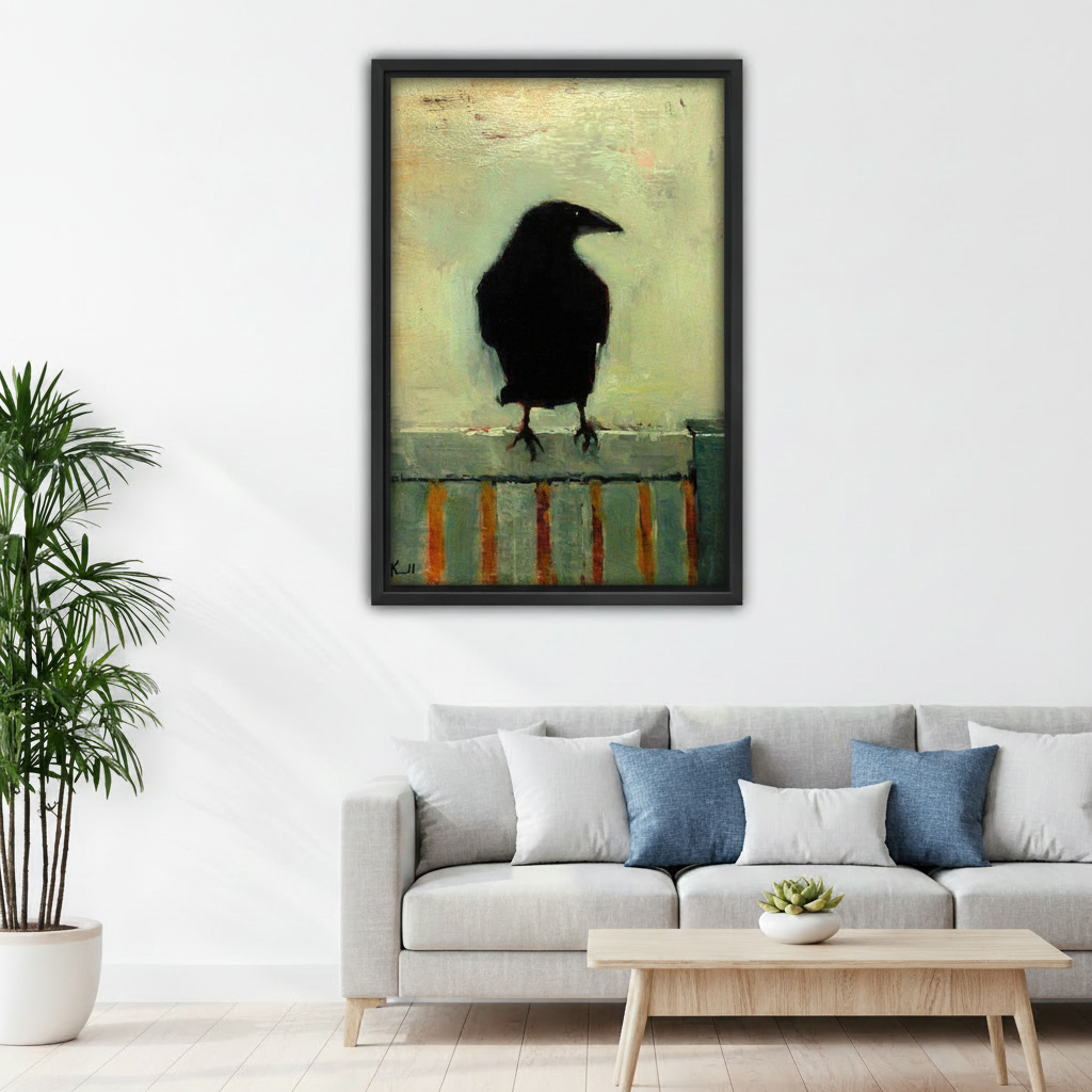 Dark raven oil painting canvas wall art above gray sofa in moody eclectic living room