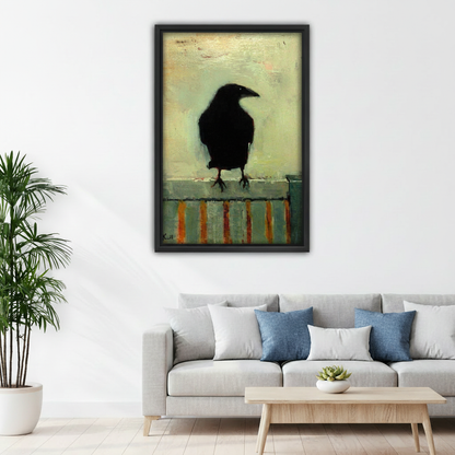 Dark raven oil painting canvas wall art above gray sofa in moody eclectic living room