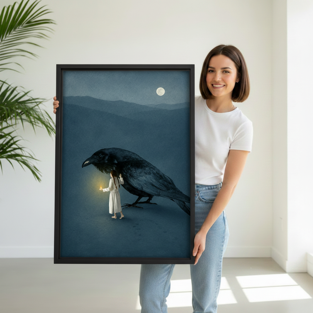 Woman holding girl giant crow moonlit fantasy dark framed canvas wall art print showing size and detail