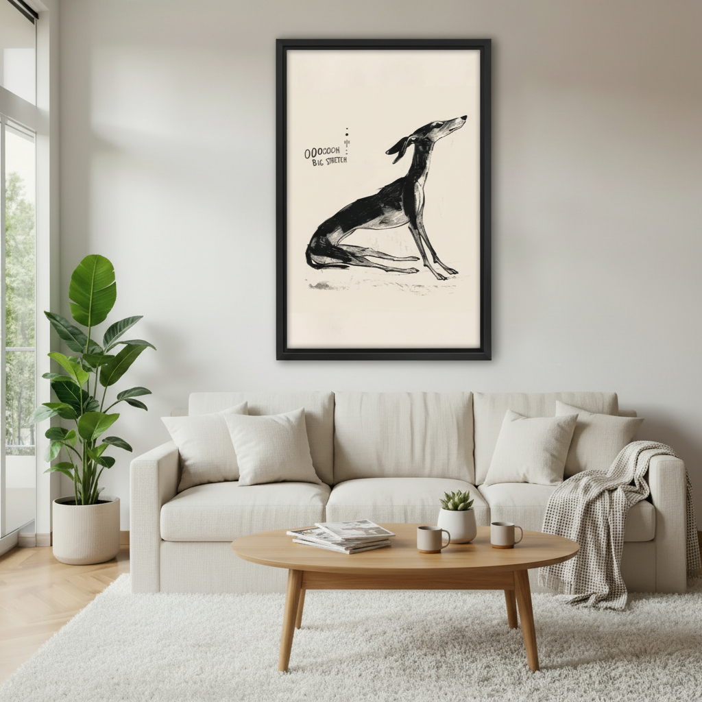Greyhound big stretch ink sketch canvas wall art in black frame in cozy bedroom — vintage minimal dog illustration above bed