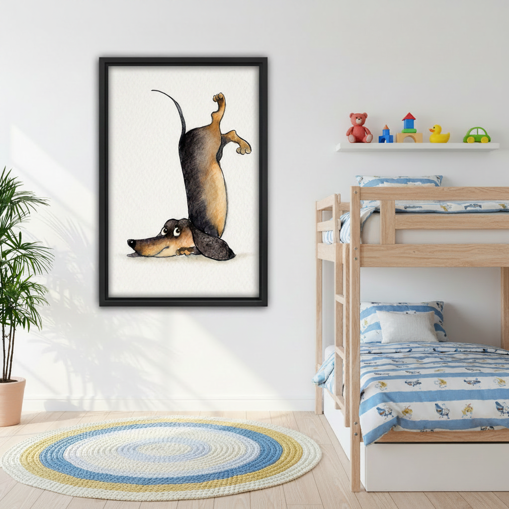 Dachshund yoga pose canvas wall art above gray sofa — watercolor wiener dog illustration, whimsical animal print for modern home decor