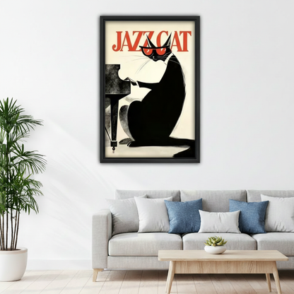 Vintage Jazz Cat framed print, bedroom wall decor, retro piano cat art above bed, cozy interior