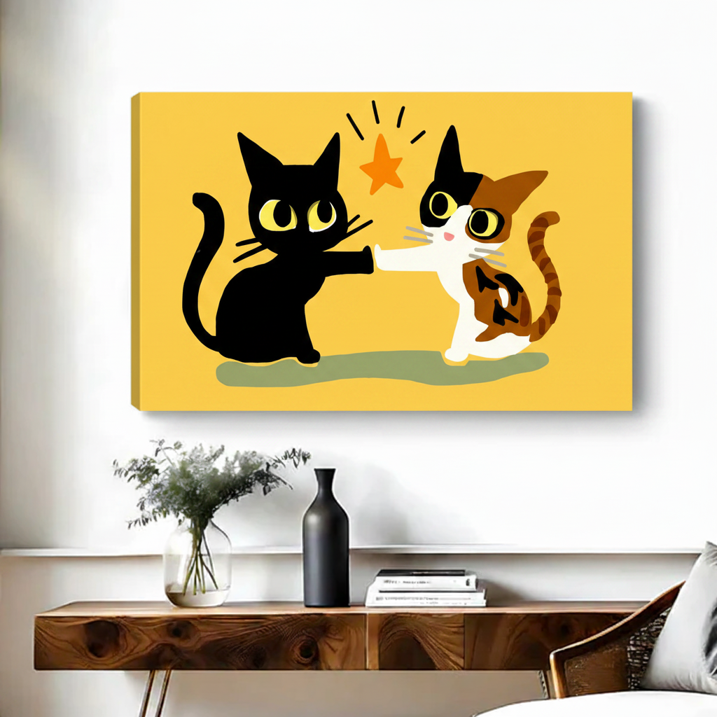 Cats high five canvas wall art no frame, rustic living room decor
