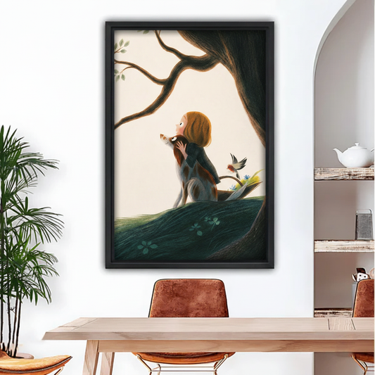 Girl and dog under tree framed canvas wall art print storybook illustration