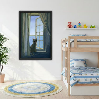 Smiling cat window painting framed wall art, living room sofa wall, cozy interior decor