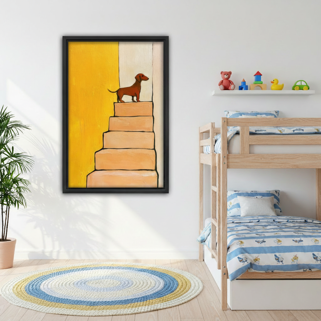 Dachshund on stairs framed canvas wall art print yellow background