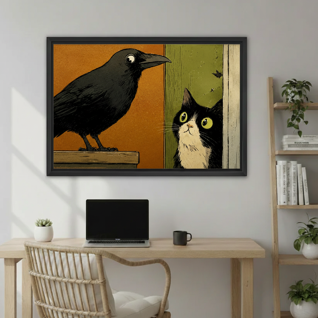 Crow and cat vintage art print, bold orange and green comic illustration, animal wall decor