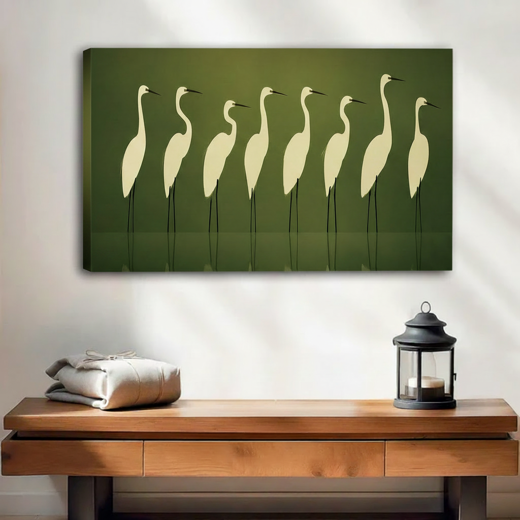 Gallery wrap canvas print of minimalist white egrets standing in still water, serene living room wall art