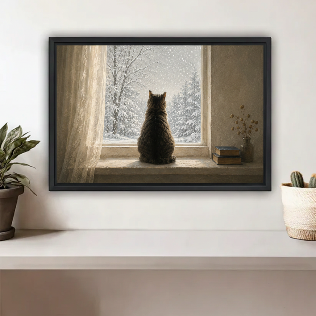 Cat watching snow window cozy oil painting wall art print in black float frame on white shelf with plants