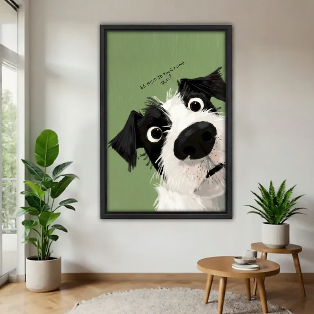Be Kind To Your Mind border collie canvas wall art — funny illustrated dog print on sage green background for home decor