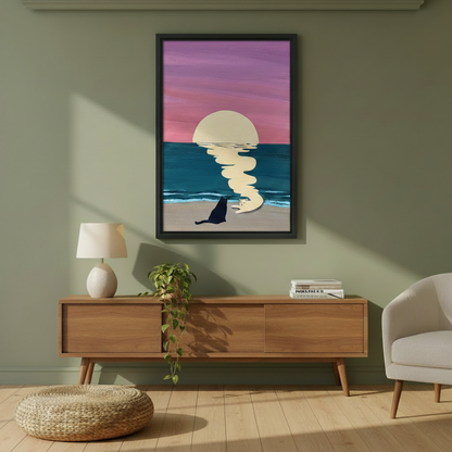 Two cats on sandy beach at sunset with moonrise reflection — minimalist cat canvas print