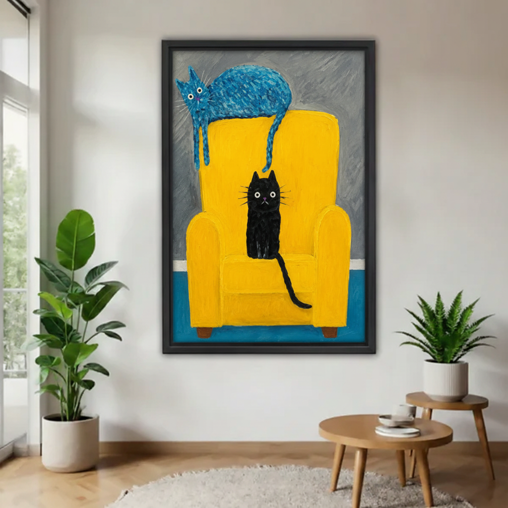 Blue and black cats on yellow armchair colorful impasto oil painting canvas wall art — framed, bold cat lover home decor