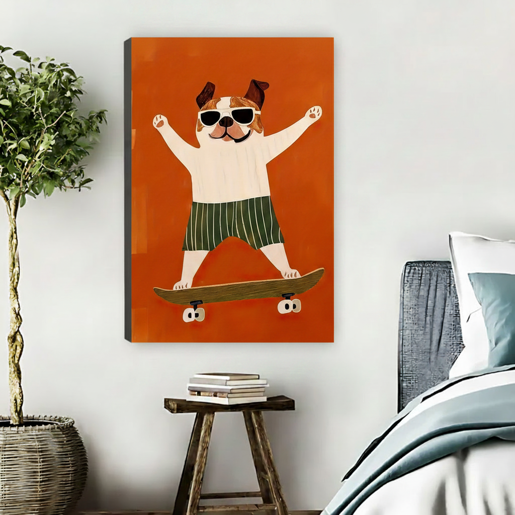 Skateboarding Bulldog Funny Animal Wall Art Print l1976