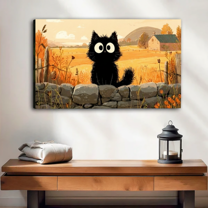Whimsical black cat sitting on a stone wall in autumn farm landscape — gallery wrap canvas for modern home decor