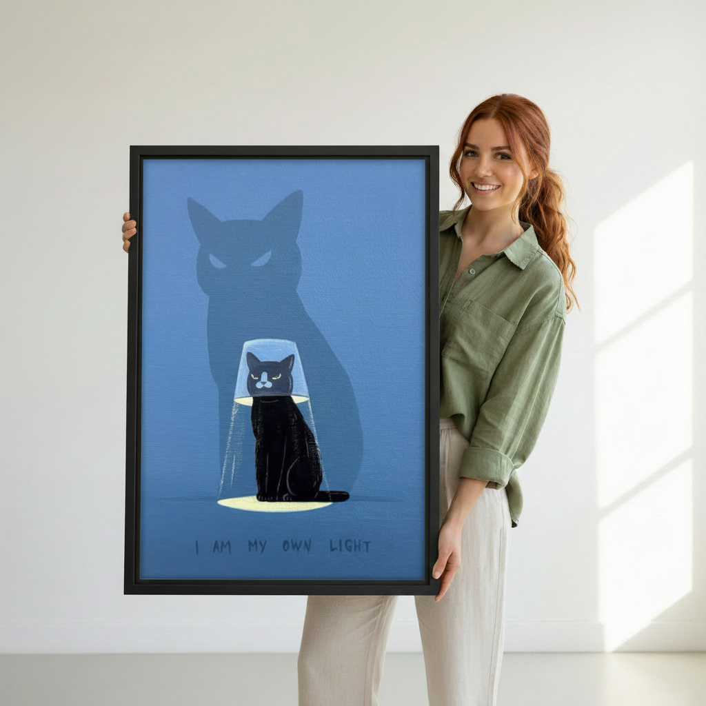 Hand holding a black cat framed canvas art print featuring dramatic shadow and 'I Am My Own Light' quote on blue background